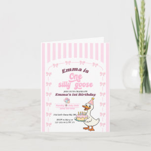 Pink Bow One Silly Goose Girl 1st Birthday Party  Invitation