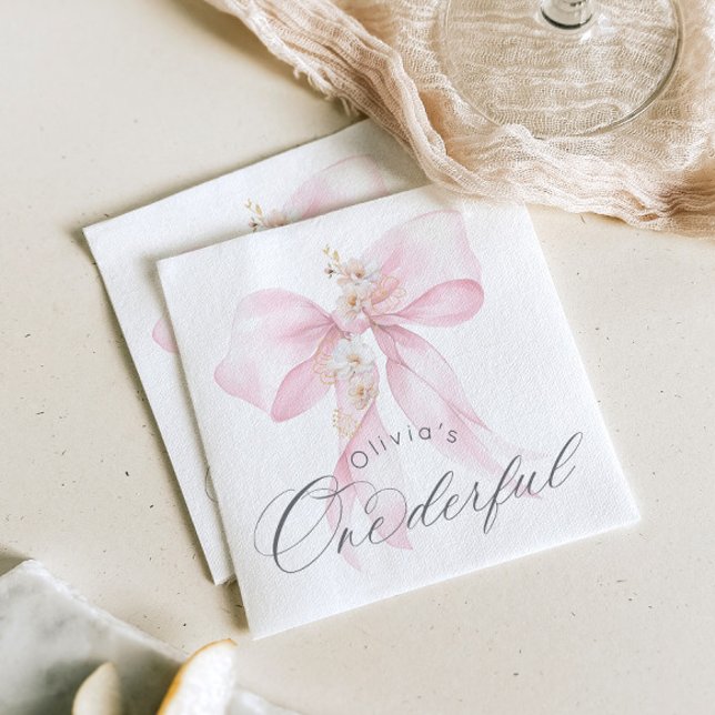 Pink Bow Onederful girl 1st Birthday Napkin (Creator Uploaded)