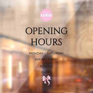 Pink Bow Opening Hours Small Business Logo Window Cling