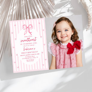 Pink Bow Our Little Sweetheart Birthday Photo Invitation