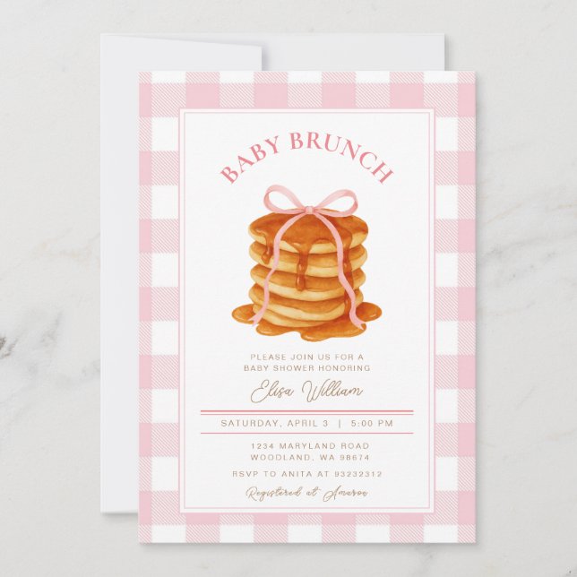 Pink Bow Pancake Baby Shower Brunch  Invitation (Front)
