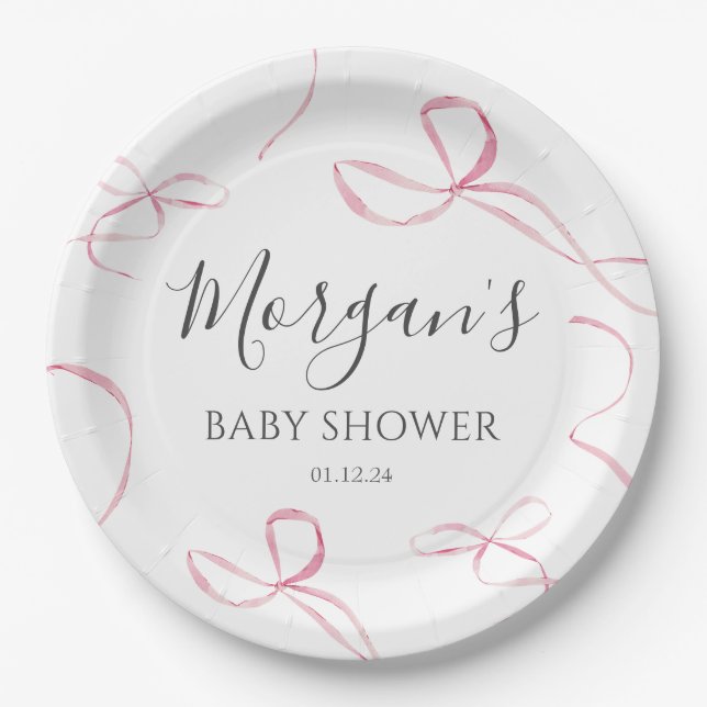 Pink bow Paper Plates, bow theme decorations Plate (Front)