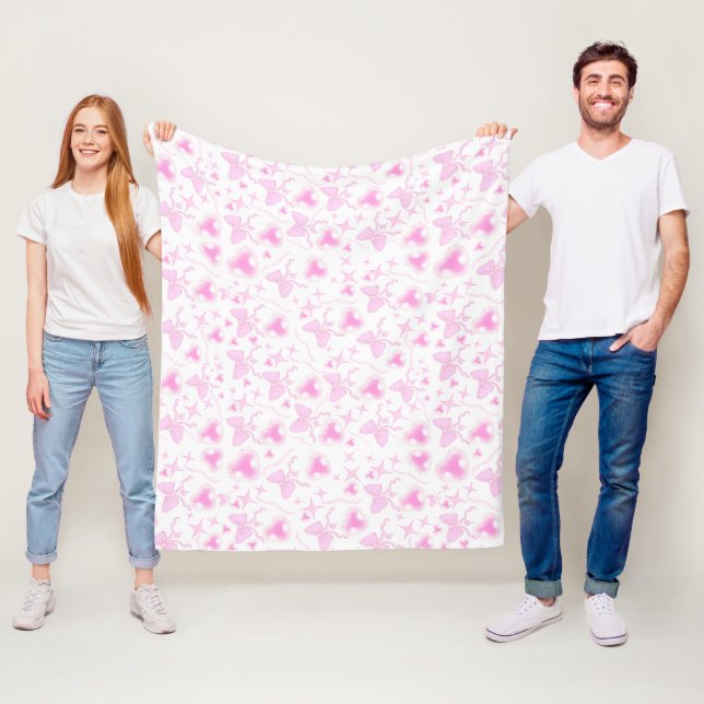 Pink Bow Pattern Kawaii Hearts and Ribbons  Fleece Blanket (In Situ)