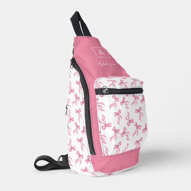 Pink Bow Pattern Monogram Personalized Sling Bag (Left Corner)