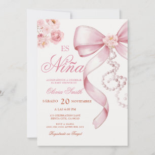 Pink Bow Pearl Floral Es Nina Spanish Baby Shower  Invitation