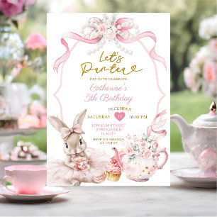 Pink Bow Pearl Let's Par-tea Bunny Girl Birthday Invitation