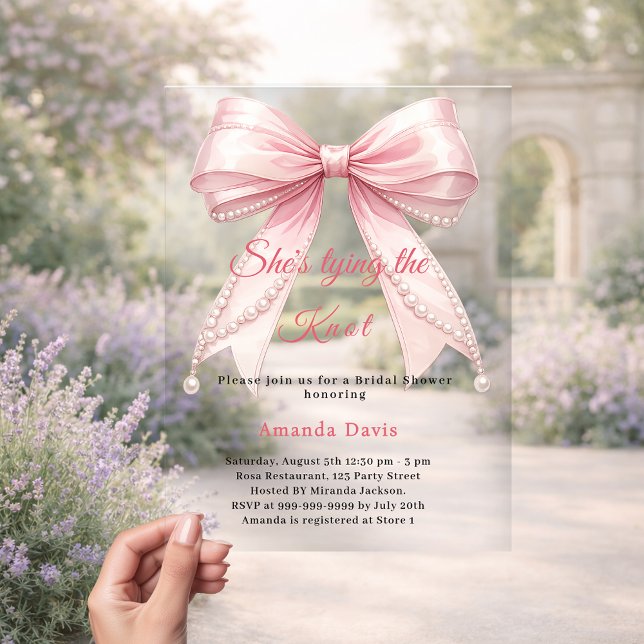 Pink bow pearl tying the knot luxury Bridal Shower Acrylic Invitations (Creator Uploaded)