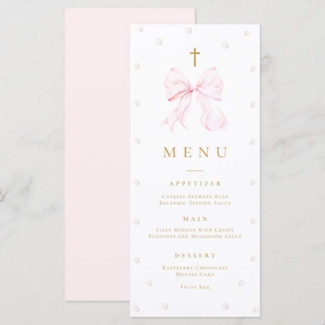 Pink Bow Pearls Baptism Flat Menu (Front/Back)