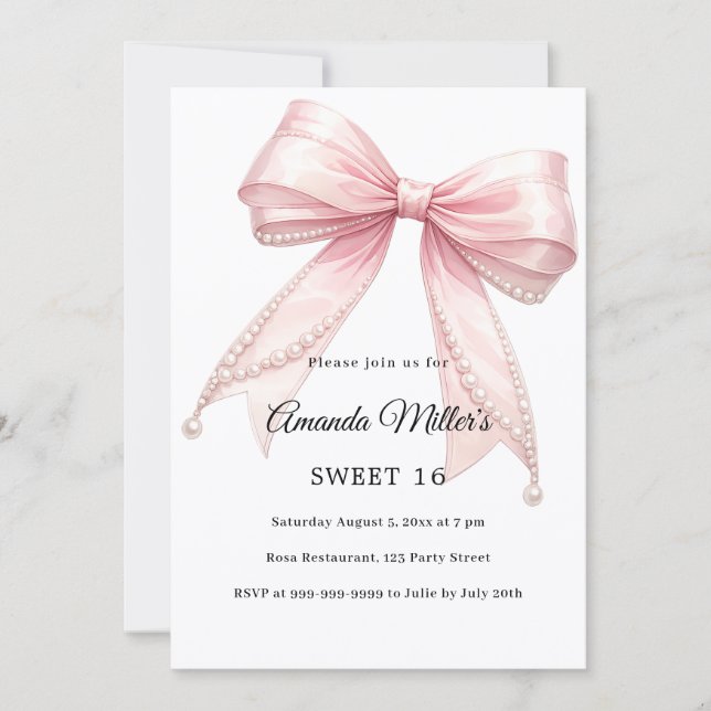 Pink bow pearls elegant Sweet 16 luxury Invitation (Front)
