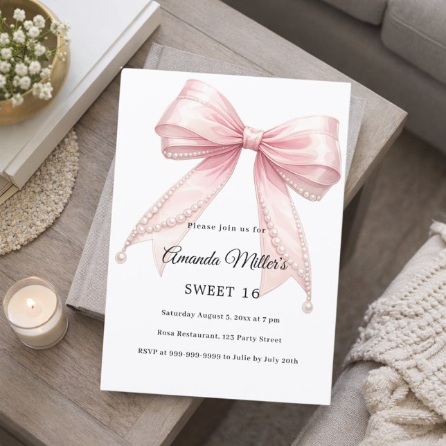 Pink bow pearls elegant Sweet 16 luxury Invitation (Creator Uploaded)