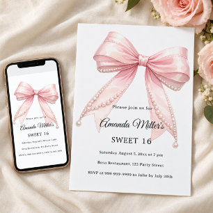 Pink bow pearls elegant Sweet 16 luxury Invitation