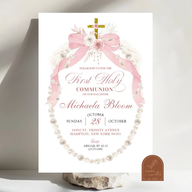 Pink Bow Pearls First Holy Communion Christening Invitation (Creator Uploaded)