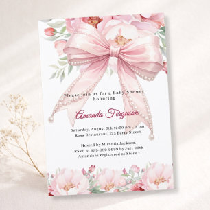 Pink bow pearls florals girl elegant Baby Shower Invitation