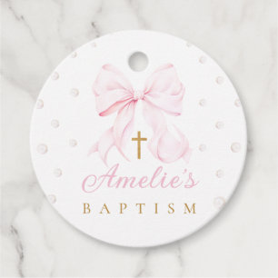 Pink Bow Pearls Girl Baptism Favour Tags
