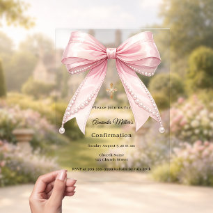 Pink bow pearls girl elegant luxury Confirmation Acrylic Invitations
