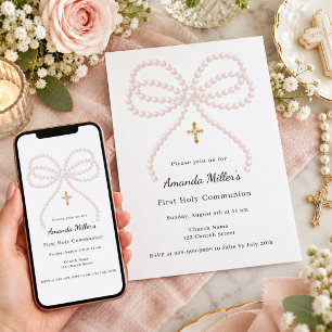 Pink bow pearls girl First Communion Invitation