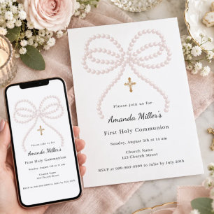 Pink bow pearls girl First Communion Invitation