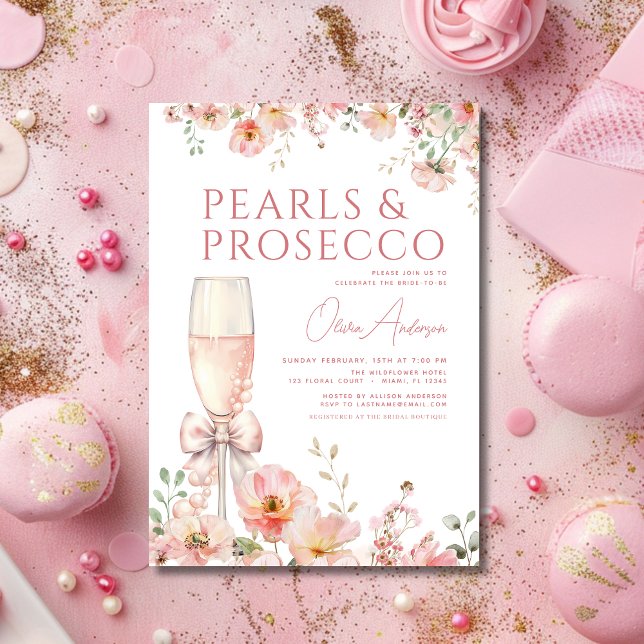 Pink Bow Pearls & Prosecco Bridal Shower  Invitation (Creator Uploaded)