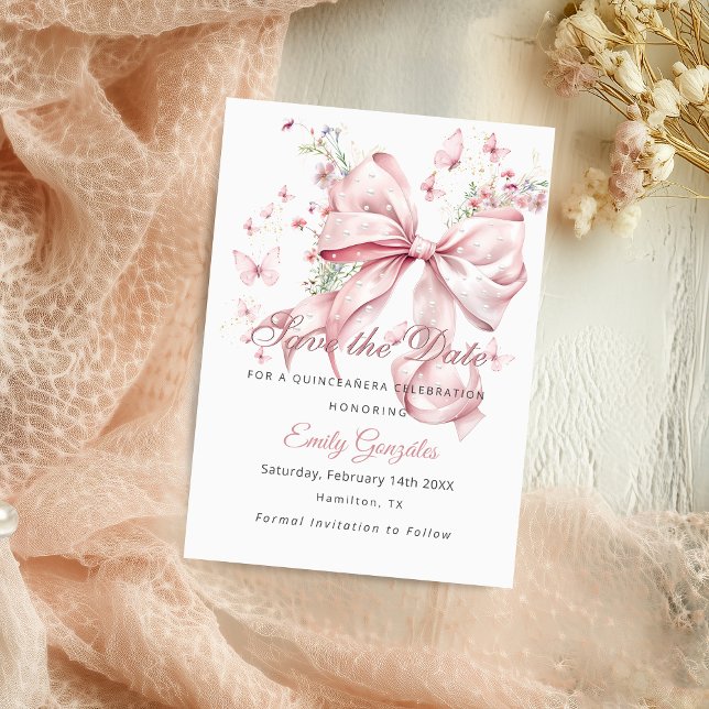 Pink Bow Pearls Quinceañera Save The Date Card (Pink Bow Pearls Quinceañera save the date card)