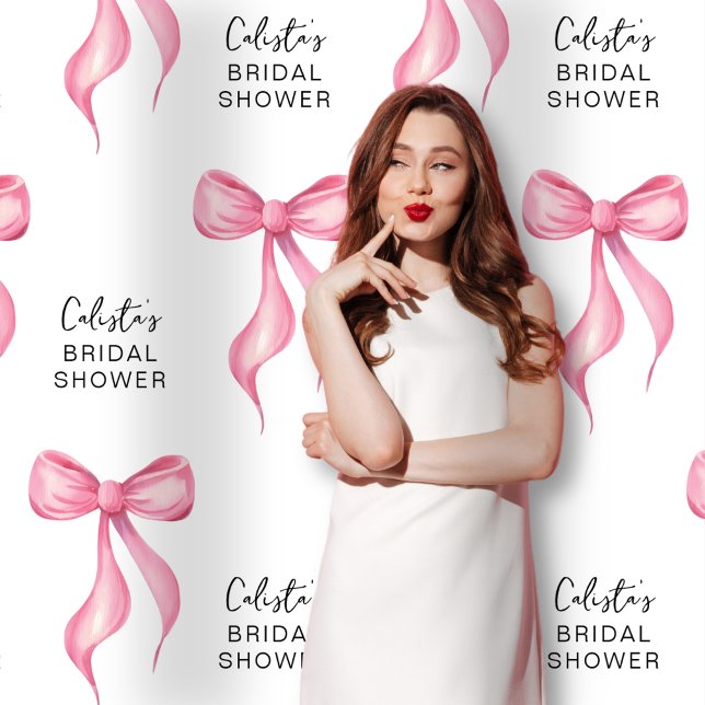 Pink Bow Personalized Bridal Shower Large Backdrop Tapestry (Mockup shown on a Large size background (close-up view))
