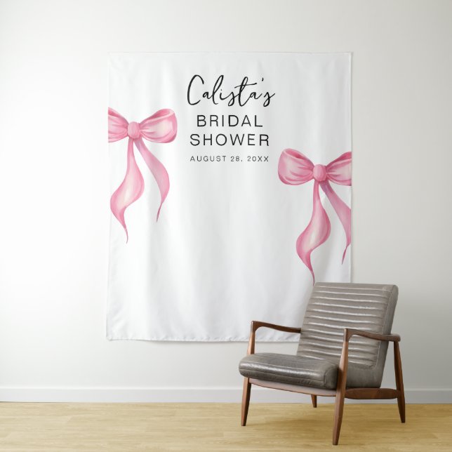 Pink Bow Personalized Bridal Shower Large Backdrop Tapestry (In Situ)