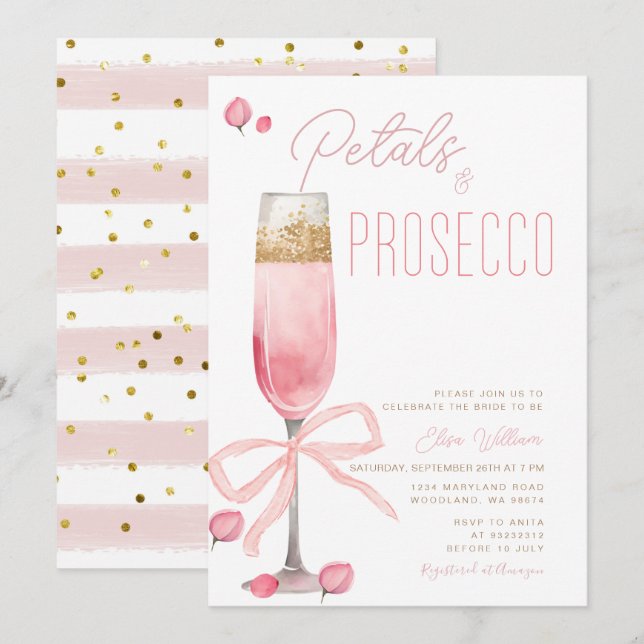  Pink Bow Petals and Prosecco Bridal Shower  Invitation (Front/Back)
