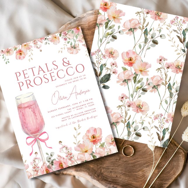 Pink Bow Petals & Prosecco Blush Bridal Shower  Invitation (Creator Uploaded)