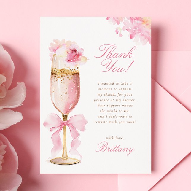 Pink Bow Petals Prosecco Bridal Shower Thank You Card (Creator Uploaded)