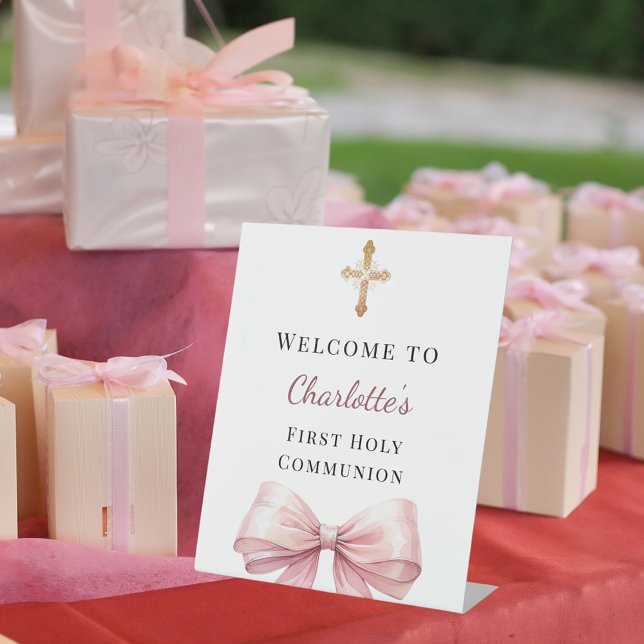 Pink bow photo First Holy Communion welcome Pedestal Sign (Creator Uploaded)