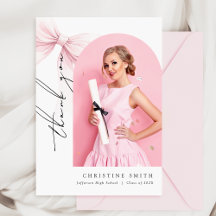 Pink Bow Photo Graduation Arch Thank You Card