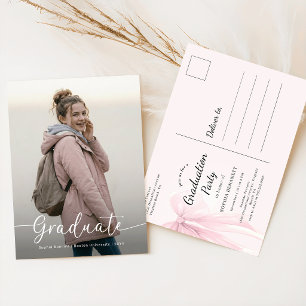 Pink Bow Photo Graduation Party Invitation Postcard