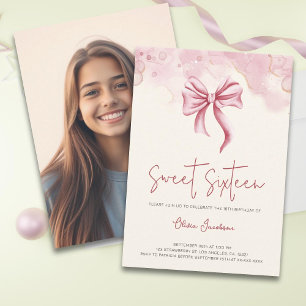 Pink Bow Photo Sweet Sixteen Birthday Invitation