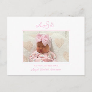 Pink Bow Photo White Birth Announcement Postcard