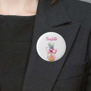 Pink bow pineapple tropical name tag 2 inch round button