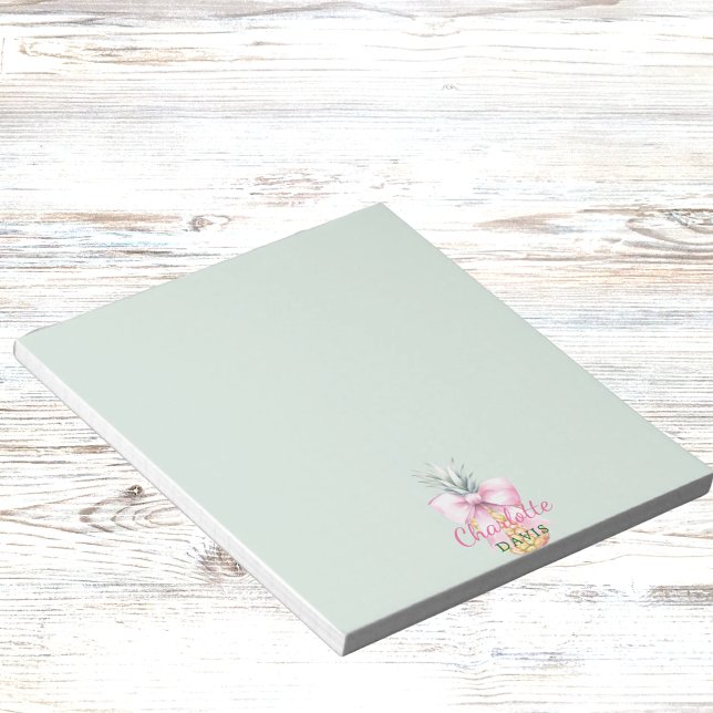 Pink bow pineapple tropical sage green name notepad (Creator Uploaded)