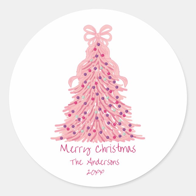 Pink Bow Pink Christmas Tree Classic Round Sticker (Front)