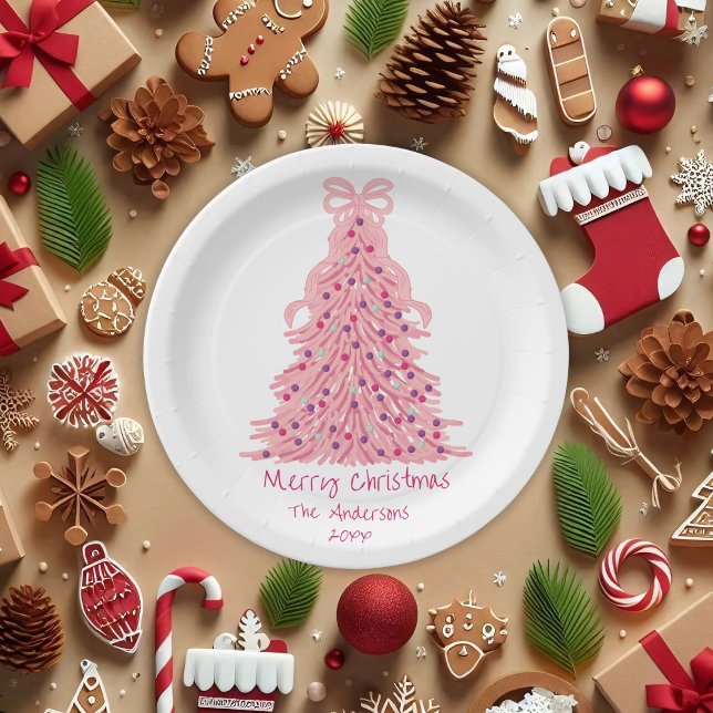 Pink Bow Pink Christmas Tree Paper Plate (Creator Uploaded)