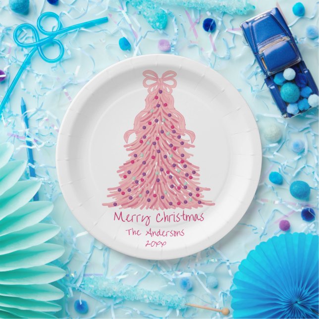 Pink Bow Pink Christmas Tree Paper Plate (Party)
