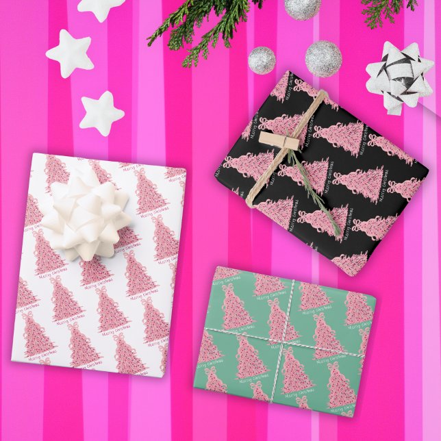 Pink Bow Pink Christmas Tree Wrapping Paper Sheet (Creator Uploaded)