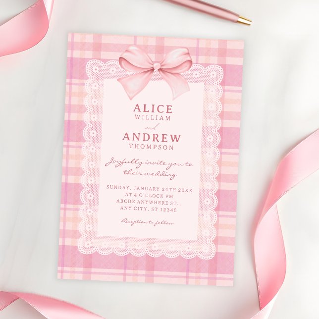 Pink bow plaid wedding invitation (Creator Uploaded)