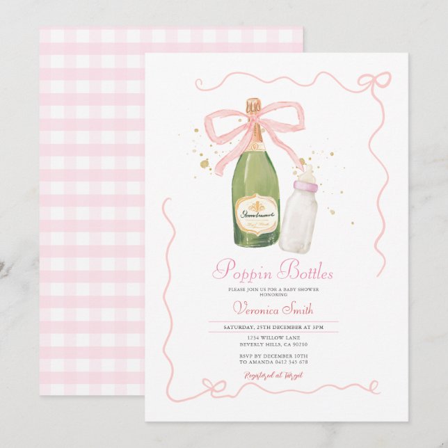 Pink Bow Poppin Bottles Couples Baby Shower Invitation (Front/Back)