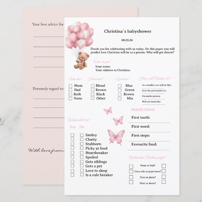 Pink Bow Predictions & advice games for Babyshower (Front/Back)
