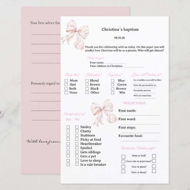 Pink Bow Predictions and advice game for Baptism (Front/Back)