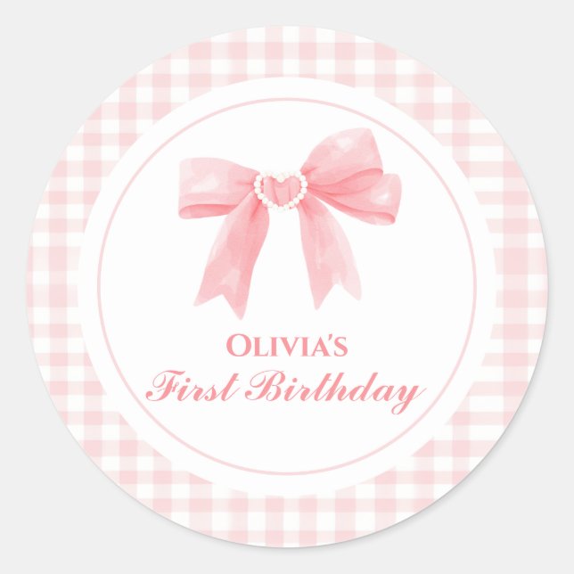 Pink Bow preppy Coquette 1st birthday Classic Round Sticker (Front)