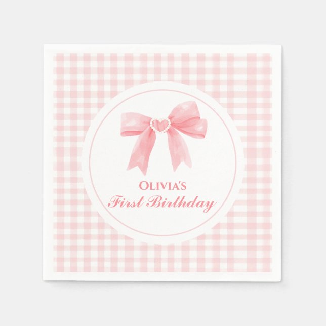 Pink Bow preppy Coquette 1st birthday Napkin (Front)