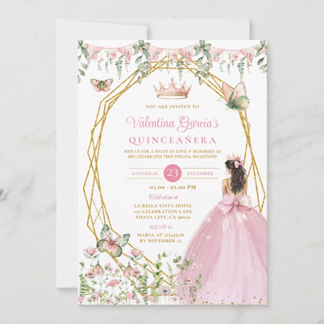 Pink Bow Princess Quinceañera Butterfly Garden Invitation (Front)