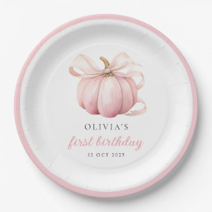 Pink Bow Pumpkin 1st Birthday Paper Plate