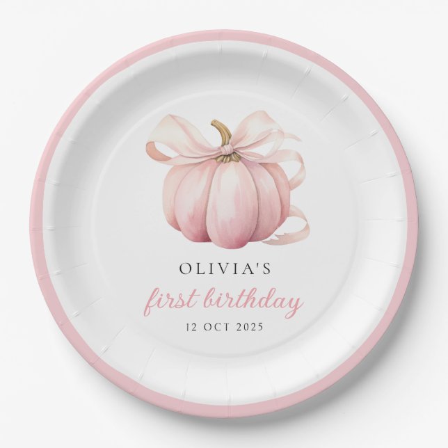 Pink Bow Pumpkin 1st Birthday Paper Plate (Front)