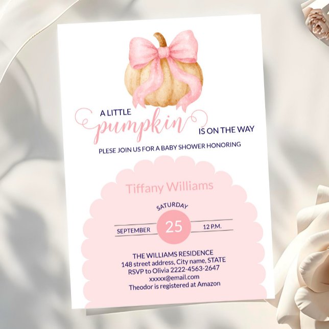 Pink bow pumpkin baby shower minimalistic  invitation (Fall Pumpkin Baby Shower Invitation with Pink Bows)
