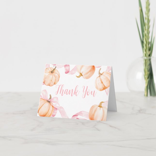Pink Bow Pumpkin Baby Shower Thank You Card (Front)